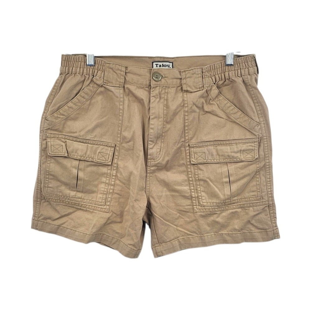 Talos Men's Cargo Shorts Size 36 Khaki Tan 100% Cotton Elastic Waist Hiking